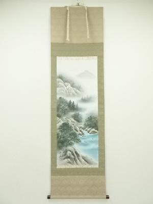 清河筆　彩色山水　肉筆絹本掛軸